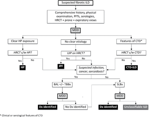 Figure 1. Approach to the evaluation of fibrotic interstitial lung disease. Abbreviations: CTD, connective tissue disease; HRCT, high resolution computed tomography; ILD, interstitial lung disease; IPF, idiopathic pulmonary fibrosis; MDD, multidisciplinary discussion; UIP, usual interstitial pneumonia.