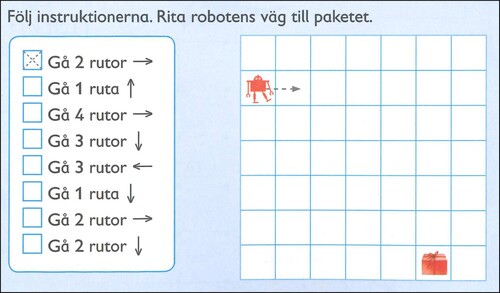 Figure 2. Example of “Follow a procedure” in a task for grade 1 (Favorit matematik 1B, p. 187). Translation: Follow the instructions. Draw the robot’s path to the parcel. Go 2 boxes → Go 1 box, etc.