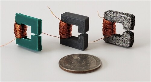 Figure 4. C-shaped cores 3D printed in dielectric PLA (left), iron-filled PLA (centre), and FeSiAl-doped Nylon (right) next to a US quarter.