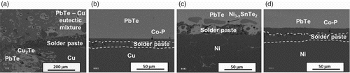 Figure 2. n-type PbTe bonded on Cu [Citation43] (a) without (b) with Co–P diffusion barrier. n-PbTe bonded on Ni (c) without (d) with Co–P diffusion barrier, at 650°C for 60 min.