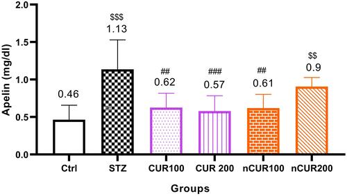 Figure 3 Effects of curcumin and nano-curcumin on serum levels of apelin in studied rats. $$$P <0.001 and $$P <0.01 in comparision with control group. ###P <0.001 and ##P <0.01 in comparision with STZ group. Data are expressed as Mean ± SD (n = 8), and analyzed by the One-way ANOVA and Tukey’s post hoc tests.Abbreviations: Ctrl, control group; STZ, diabetic control group; CUR, curcumin; nCUR, nano-curcumin.