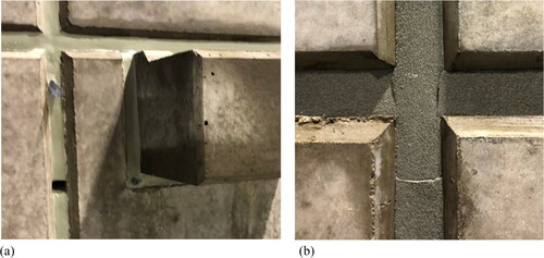 Fig. 5. a) Joint of building mastic at joint intersections and at balcony connection, as well as TDV tubes and TDV opening of overlapping type. b) Pre-compressed joint sealing tape in joint intersections.