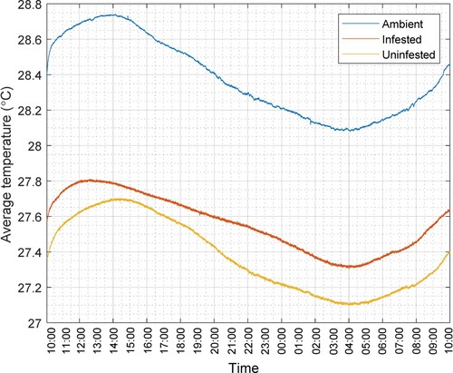 Figure 5. The average temperature fluctuations (i.e. ambient, infested, and uninfested) from a continuous record during 24 h.