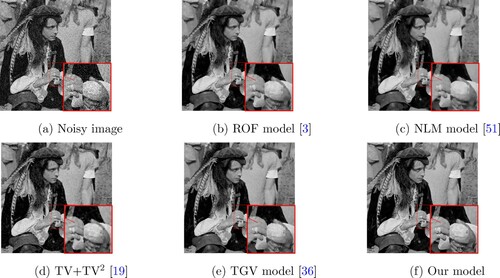 Figure 2. The obtained denoised image compared to other classical approaches for the (Pirate image), where the noise is considered to be Gaussian of σ=0.3: (a) Noisy image, (b) ROF model [Citation3], (c) NLM model [Citation51], (d) TV+TV2 [Citation19] (e) TGV model [Citation36] and (f) Our model.