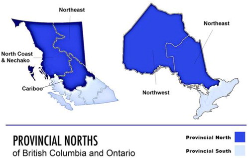 Figure 1. The provincial north of British Columbia and Ontario, based on northern “economic regions” boundaries. Source: Statistics Canada (Citation2016).