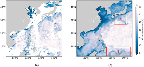 Figure 11. (a) Ocean transparency combined map from MODIS/Aqua, VIIRS/NPP, VIIRS/JPSS1, OLCI/Sentinel-3A, and OLCI/Sentinel-3B, (b) ZSD-merging GAN product on 10 July 2020.