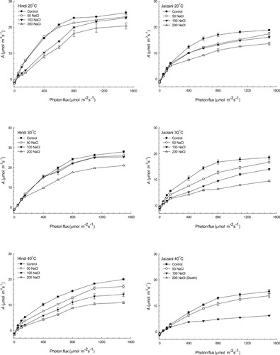 Figure 1. The Photosynthetic CO2 absorption response (A) per unit area of the leaf to photon flux (Q) for two cultivars of Sorghum bicolor. CO2 absorption measurements were all made at 25°C and Ca of 360 µmol mol−1. The data is the mean of leaves; n = 4 (±SE).