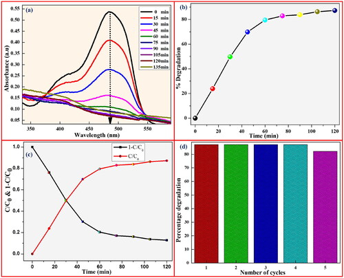 Figure 7. (a) Spectral absorbance of CONPs with the variation of irradiation time under visible-light irradiation of AR-88 dye; (b) percentage decomposition of AR-88 dye under visible-light irradiation; (c) half time and (d) stability performance of CO NPs.