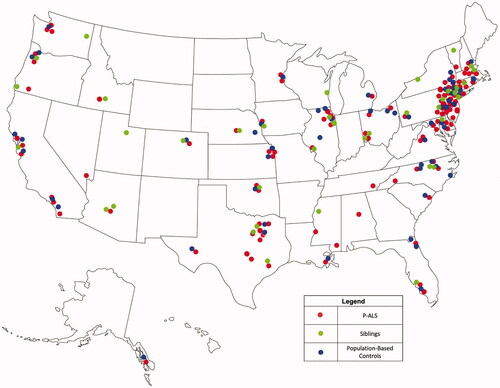 Figure 1 Geographic distribution of P-ALS (participants with ALS), S-controls (siblings), and P-controls (population). P-ALS are widely distributed throughout the USA, as are S-controls and P-controls.
