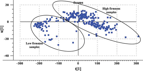 Figure 2 The scores plot of the samples for the first two PLS components.