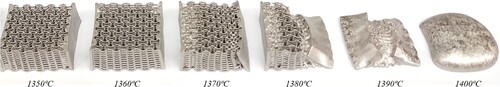 Figure 14. Effect of sintering temperature on the shape stability of auxetic metamaterials (40 × 40 × 20 mm each sample).