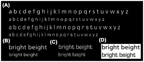 Figure 7. Samples of typefaces as displayed in actual screen pixels. Images are taken directly from the Psychtoolbox frame buffer, zoomed to show rendering artefacts.