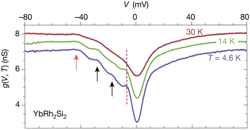 Figure 6. (colour online) Scanning tunnelling spectroscopy of YbRh2Si2. Differential conductance g (V, T) at selected temperatures. Spectra at T = 14 K and 30 K are offset for clarity. Arrows mark CF excitations. Dip at zero bias reflects local Kondo resonance. Dashed line at -6 meV indicates a peak due to KL formation (from [Citation50]).