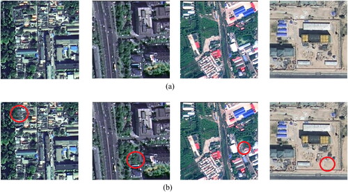 Figure 7. Examples of subject-related tampering (deleting buildings). (a) Original images; (b) Tampered images.