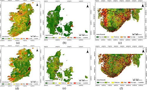 Figure 10. National landslide susceptibility maps by Auto-PyTorch. (a) and (d) Ireland, (b) and (e) Denmark, (c) and (f) Norway (part). the first line shows the results of Auto-PyTorch when the specified area is selected in the global LSP map., and the second line shows the results of Auto-PyTorch when non-landslide samples are selected from the low susceptible areas of the obtained global landslide susceptibility maps.