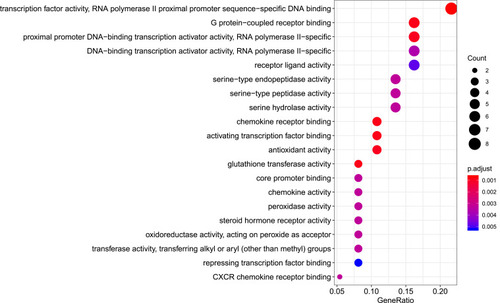 Figure 8 Molecular function analysis of the target genes. The top 20 molecular functions enriched in Gene Ontology analysis are presented. The bubble size indicates the gene count, and the color indicates the adjusted p-value.