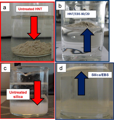 Figure 3. a–d illustration of ‘hydrophobicity’ in the presence of water of HNT and SiO2 treated with b, d EBS with respect to a, c respectively untreated nanofillers