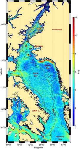 Fig. 15 Mean frontal frequency (1986–2010), for Baffin Bay. The 500 and 1000 m isobaths are shown. The locations of the Carey Islands (CI), Nares and Davis straits, and Smith (SS), Jones (JS), and Lancaster (LS) sounds are shown.