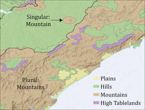 Figure 7. Example showing the area around São Paulo, Brazil, with singular landform features in the common sense and plural landform regions where a topographical class predominates (approximately 1:2,000,000 scale).