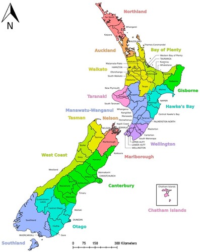 Figure 1. Aotearoa New Zealand and its regions. Korakys, CC BY-SA 4.0, via Wikimedia Commons.