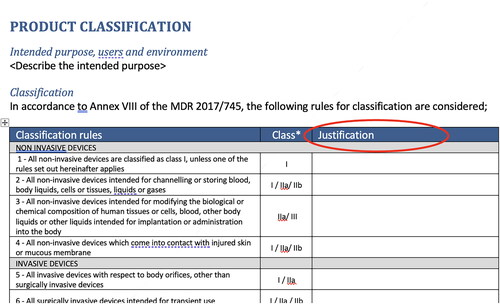 Figure 2. Screenshot of an example form to document the intended use and argue the classification of the medical device according to Annex VII of the MDR [Citation1].