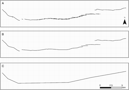 Figure 5. Using the Greendale Fault, Canterbury to highlight different views of active fault data sources. A, A view from field observations and LiDAR mapping at a scale of c. 1:5000. B, A simplified view for use at 1:250,000. C, A further simplified view for modelling purposes.