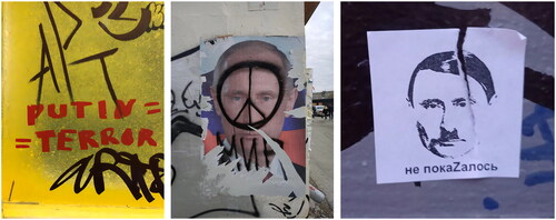 Figure 4 A collage of images of anti-war statements concerning the topic of “Putin” from several Telegram channels (from left to right: “Putin = Terror”; “Peace”; “Putin-Hitler is not an illuZion”).