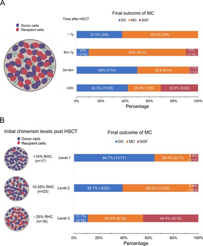 Figure 1. Frequency and outcome of mixed chimerism (MC) based on (A) time of onset and (B) initial MC levels. Level 1, <10%residual host cells (RHCs); level 2, 10-25% RHCs; level 3, >25% RHCs. Dynamic changes in MC were monitored. The left panel of Figure 1(B) shows the initial MC levels and the right panel the final MC level. In Figure 1(B), the left side of picture B is the initial chimerism when MC appeared, we tracked the dynamic changes of chimerism of these patients. The right side of the picture shows the final outcome of chimerism.