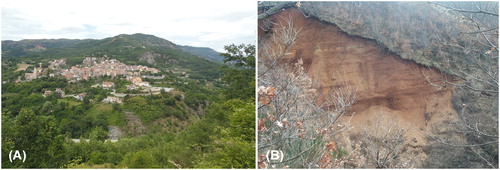 Figure 7. Panoramic view of the DSGDS base-slope, cuts by the Sinni River (A). Detail of the counter-slope tilting of Quaternary deposits (B).