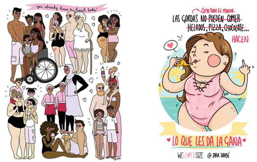Figure 3. Images from Orgullo Gordo on the diversity of bodies, and from WeLoversize on agencyFootnote2.