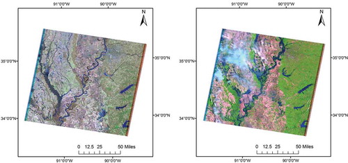 Figure 6. Landsat TM images of 4 March 2011 (left), and 10 May 2011 (right).