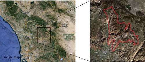 Figure 1. Landsat 5 image on 17 January 2008 shows the burn scar of Witch Creek Fire (33°9ʹN 116°49ʹW). Band combination – 3:2:1 – red:green:blue. Red line indicates the study area.