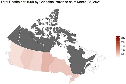 Figure 3. COVID-19 deaths per 100,000 within the Canadian provinces as of March 2021. Quebec omitted as outlier in the analysis.