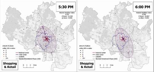 Figure 11. Spatial-temporal distribution of open ‘Shopping & Retail’ places in Brno on Wednesdays, comparison between 5:30 and 6:00 PM.