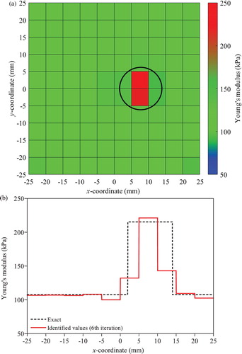 Figure 9. Identified Young’s moduli under free vibration by the T-S EEE without regulation for the hard inclusion with diameter of 13 mm: (a) colour map (b) variation along the elements in the first layer above the centre line in x direction.