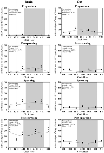 Figure 3. Changes in the expression of Tph1 in six different time points (8, 12, 16, 20, 24, and 4 h) in different seasons (n = 3) were fitted to nonlinear regression curve using the formula “Y = Mesor + Amplitude Cos (Frequency X + Acrophase)”.