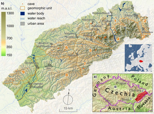 Figure 1. (a) Study area within Czechia. (b) Study area – hypsometry, caves, and geomorphic units (1 – Podbeskydská pahorkatina Highland, 2 – Slezské Beskydy Mts, 3 – Jablunkovské mezihoří Highland, 4 – Moravskoslezské Beskydy Mts, 5 – Vsetínské vrchy Hills, 6 – Hostýnské vrchy Hills, 7 – Javorníky Mts, 8 – Vizovická vrchovina Highland, 9 – Chřiby Highland). Only geomorphologic units containing caves are presented.