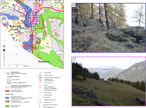 Figure 4. (a) Geological map of the Prato del Conte-Mottaccio area extract from the Main Map. The squares indicate the location of pictures (b) and (c); (b) trench that affects both glacial deposits and bedrock; (c) preserved moraine crests truncated by scarps (right-hand in the photo, corresponding to north-east).