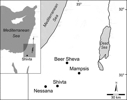Figure 1. Location map of the Negev and Shivta (prepared by Sapir Hadd according to Hirschfeld [Citation2003]).