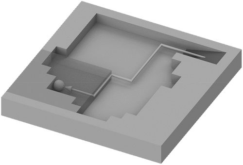 Figure 1. Isometric view of a bench depicting a checkpoint (sphere), accessible blocks (shaded volume), road (arrow) and ramp.