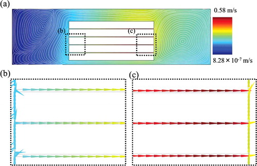 Figure 7. Flow velocity and streamline at the fluidic analysis in the first model of a whole well with a film-stack reaction field: a whole geometry (a); enlarged images (b) and (c), which show the flow velocity vectors. The flow direction is from the central-hole to the outside of a film-stack reaction field. The average velocity between films is 0.43 m/s.