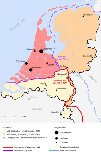 Figure 1. The liberation of the Netherlands during the final stages of World War II*.*Frontlines reconstructed from municipal liberation data (NIMHFootnote1) and CitationKlep and Schoenmaker (1995).