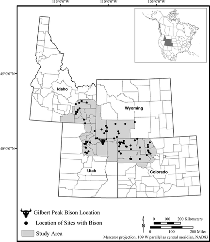 Figure 1 Regional map illustrating location of precontact sites with bison remains in relation to Gilbert Peak bison find location.