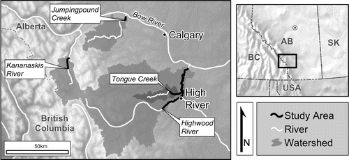 Figure 1. Map of study area, surrounding region, and drainage area for the downstream-most location sampled on each stream.
