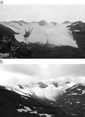 FIGURE 2.  Pårteglaciären photographed by (a) Axel Hamberg on 4 September 1901 (reproduced from Hamberg, 1908) and (b) Per Klingbjer on 21 August 2000