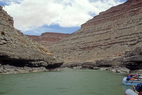 Figure 1. Photograph of the algal mounds in the Upper Canyon of the San Juan River, with rafts. The slight undulations in the limestone layers are caused by draping over the mounds, not folding.