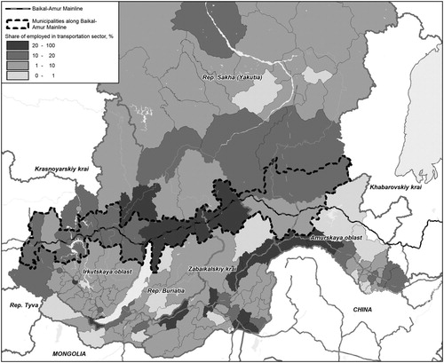 Figure 1. Map of employment in transportation sector along the Baikal-Amur Mainline (made by Viktor Bogdanov).