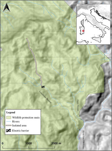 Figure 1. Map of the Montarbu Forest (Central Eastern Sardinia, Italy) showing the borders of the wildlife protection oasis, the main rivers, and the area isolated by an electric barrier.