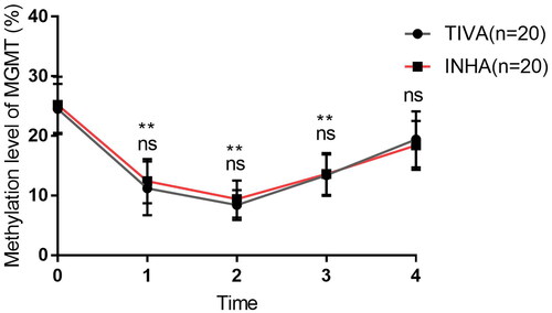 Figure 9. Serum methylation level of MGMT promoter before and after propofol and sevoflurane anesthesia. The serum methylation level of MGMT promoter in TIVA group and INHA group. (ns: no significant difference).