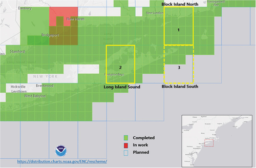 Figure 8. The study areas in NY Long Island Sound-USA and completed, in-work, and planned new cells as of March 2023 (NOAA Citation2023).